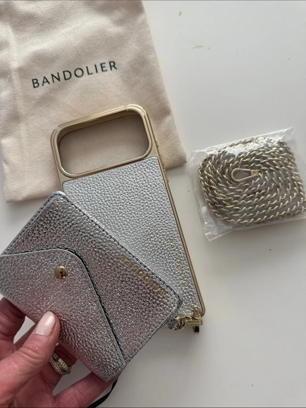 Bandolier Silver Leather Crossbody Phone Wallet with Gold Chain Accent